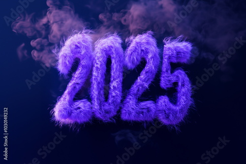 3D number 2025 made of purple fur surrounded by purple clouds or smoke. Isolated on a black background. New Year, year-end, holiday, Dreamy, mysterious, future.