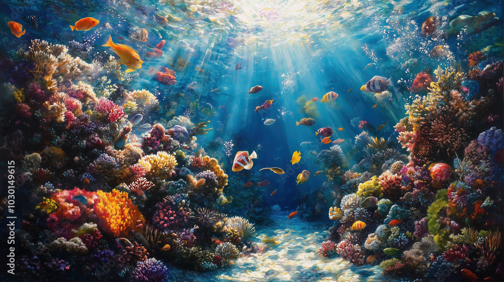 Naklejka premium A Kaleidoscope of Life: Discover the Stunning Beauty of Coral Reefs Teeming with Colorful Fish and Marine Diversity Under the Dappled Light of the Ocean