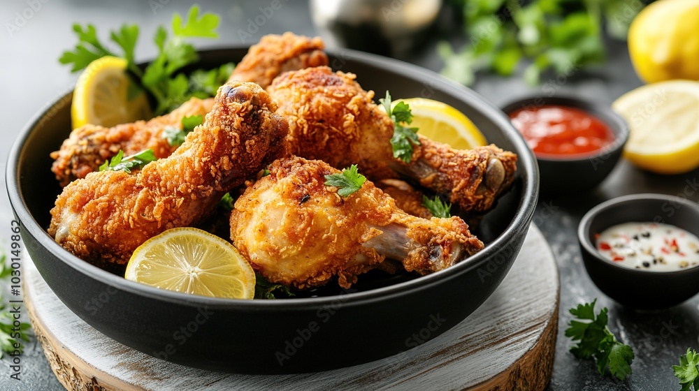 Crispy fried chicken drumsticks in a black bowl on a white wooden board, surrounded by sauce, lemon slices and fresh parsley. Perfect for illustrating delicious food and comfort eating themes. Crispy fried chicken drumsticks in a black bowl on a white wooden board, surrounded by sauce, lemon slices and fresh parsley. Perfect for illustrating delicious food and comfort eating themes.