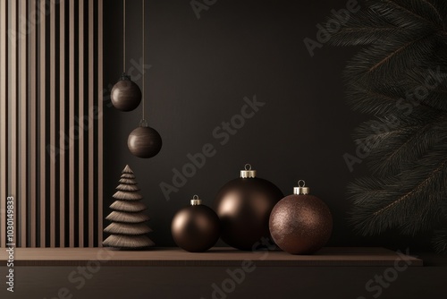 Minimalistic christmas decor with brown ornaments and tree on dark background