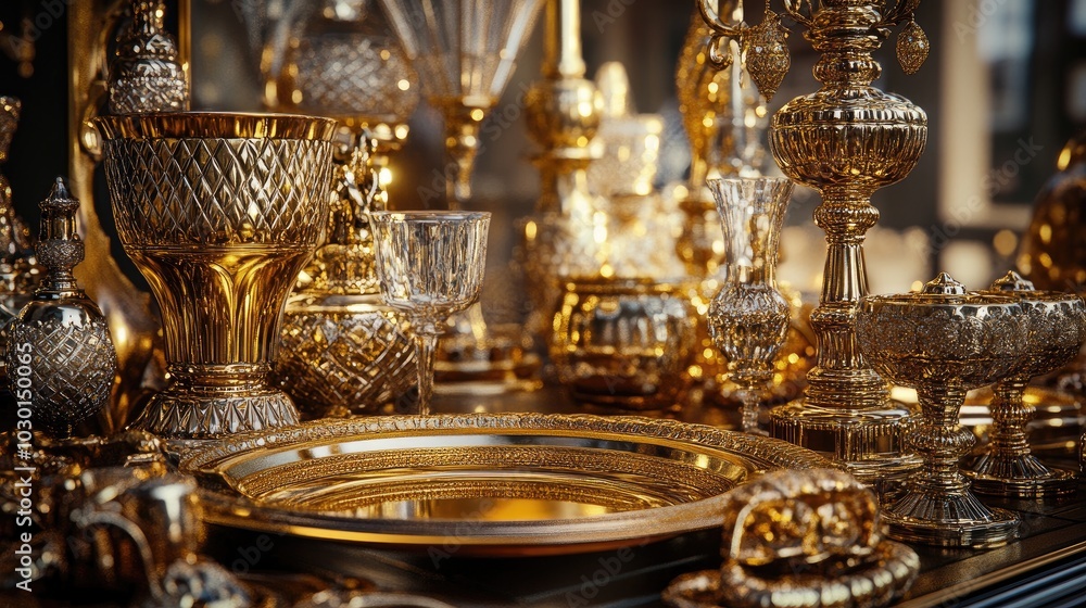 A luxurious array of gold items, from ornate trays to elegant decor, symbolizing wealth and sophistication, perfect for high-end visuals