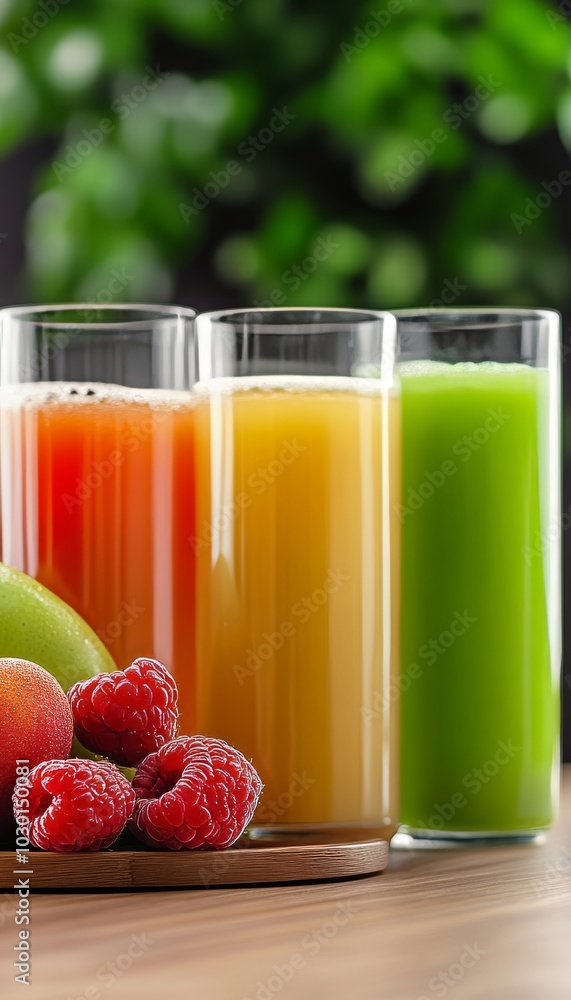 Three Glasses of Fresh Juice, Apple, Raspberry, and Green Leafy Vegetables on Wooden Table, Outdoors Three Glasses of Fresh Juice, Apple, Raspberry, and Green Leafy Vegetables on Wooden Table, Outdoors