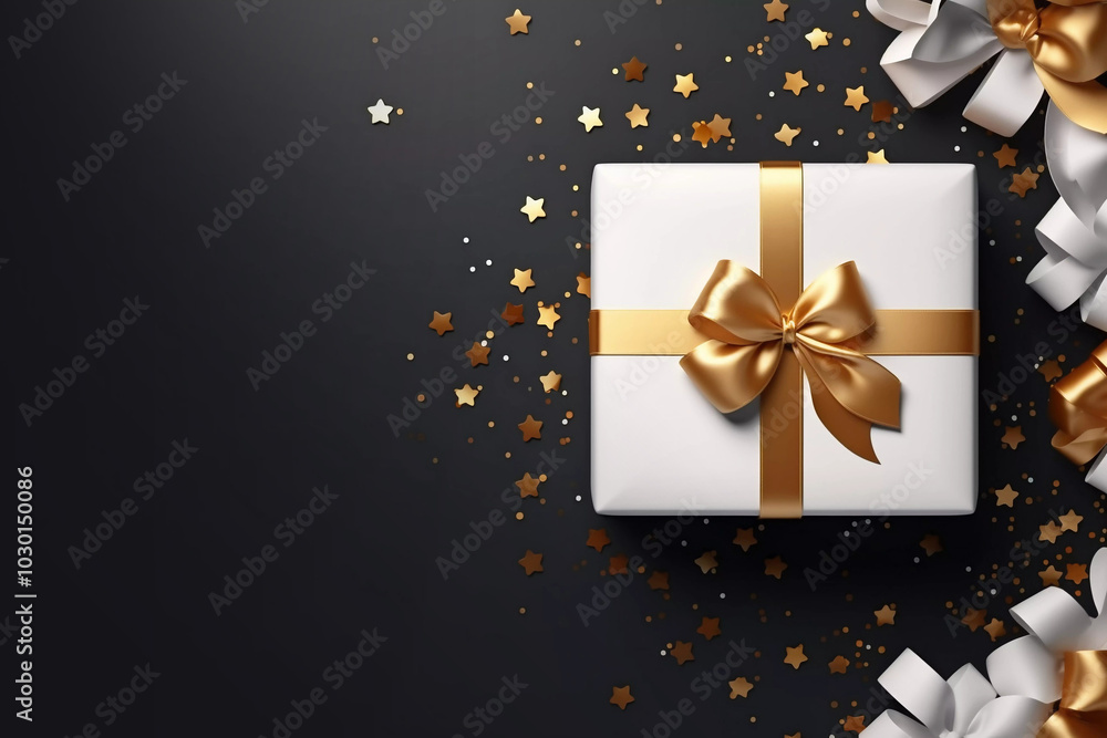 Top view white gift box with golden ribbon on birthday table. Generative ai. Top view white gift box with golden ribbon on birthday table. Generative ai.