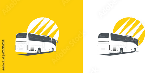 Set of white bus going forward illustration in yellow background