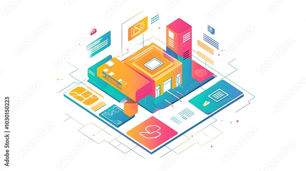 Isometric Illustration of Modern Business Architecture with Colorful Icons and Lines Isometric Illustration of Modern Business Architecture with Colorful Icons and Lines
