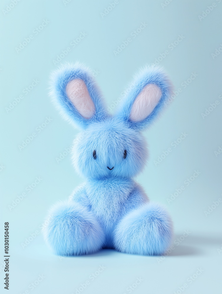 A cute bunny doll with blue fur is sitting down. Isolated on skyblue background. A cute bunny doll with blue fur is sitting down. Isolated on skyblue background.