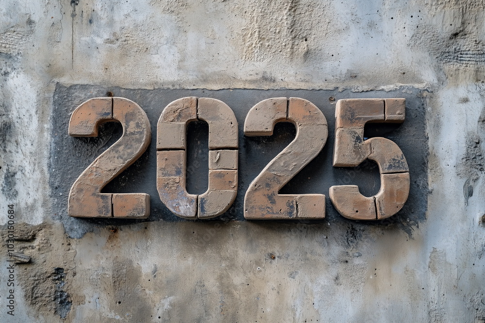 The number 2025 made of red bricks on a vintage gray concrete textured wall. New Year, Beginning, Fresh Start, Future, Goal, Growth, Dream, Vision, Event, concept Background. The number 2025 made of red bricks on a vintage gray concrete textured wall. New Year, Beginning, Fresh Start, Future, Goal, Growth, Dream, Vision, Event, concept Background.
