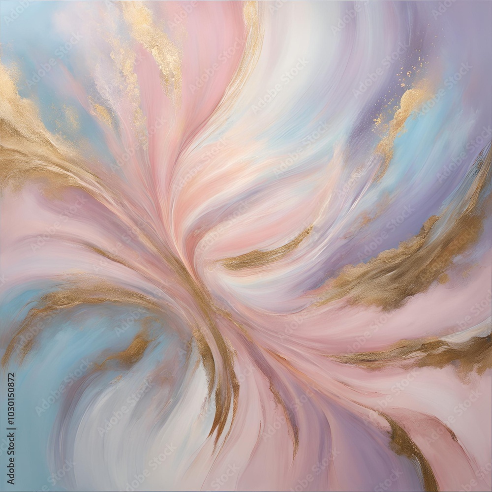 Fototapeta premium Feminine abstract painting with soft pastel colors of blush pink sky blue and lavender with golden accents