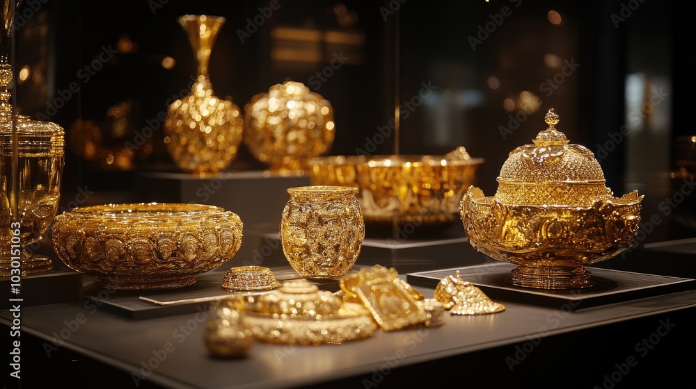 Luxurious gold items on display, featuring exquisite craftsmanship and high value, perfect for content centered around wealth and elegance Luxurious gold items on display, featuring exquisite craftsmanship and high value, perfect for content centered around wealth and elegance