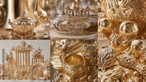 A collection of lavish gold objects, including decorative pieces and accessories, exuding exclusivity and high-end luxury