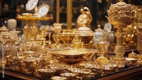 A collection of luxurious gold items, including elegant decor pieces and ornate accessories, radiating wealth and sophistication, perfect for luxury themes