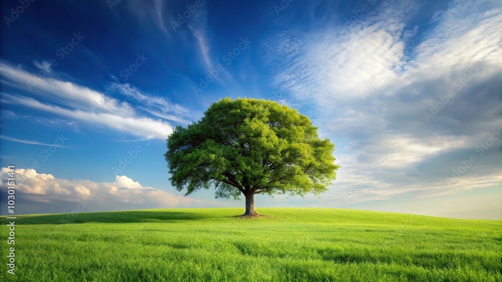 Minimalist flourishing tree in grassy field Minimalist flourishing tree in grassy field