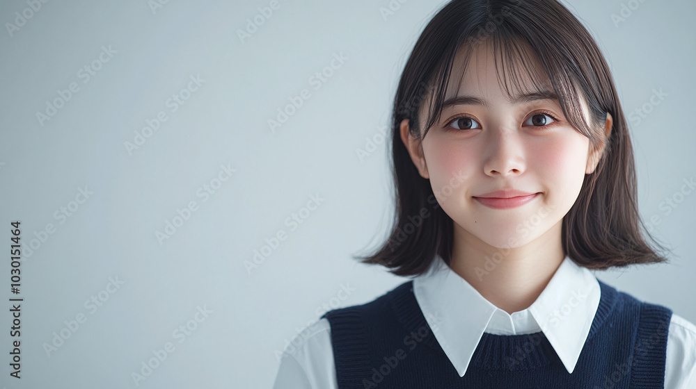 Portrait of cute pretty Asian schoolgirl girl in uniform on gray studio background Portrait of cute pretty Asian schoolgirl girl in uniform on gray studio background