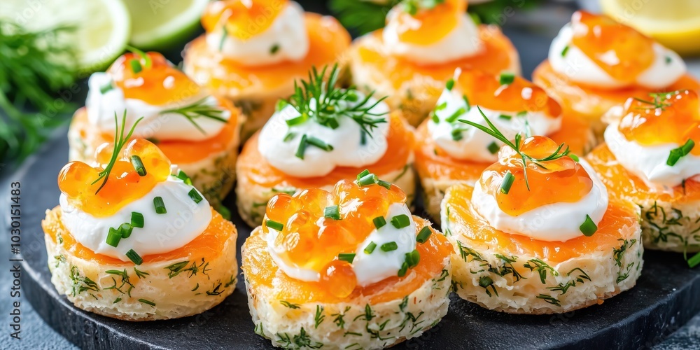 Close-up of salmon canapes with cream cheese and caviar tasty delicious food photography Close-up of salmon canapes with cream cheese and caviar tasty delicious food photography