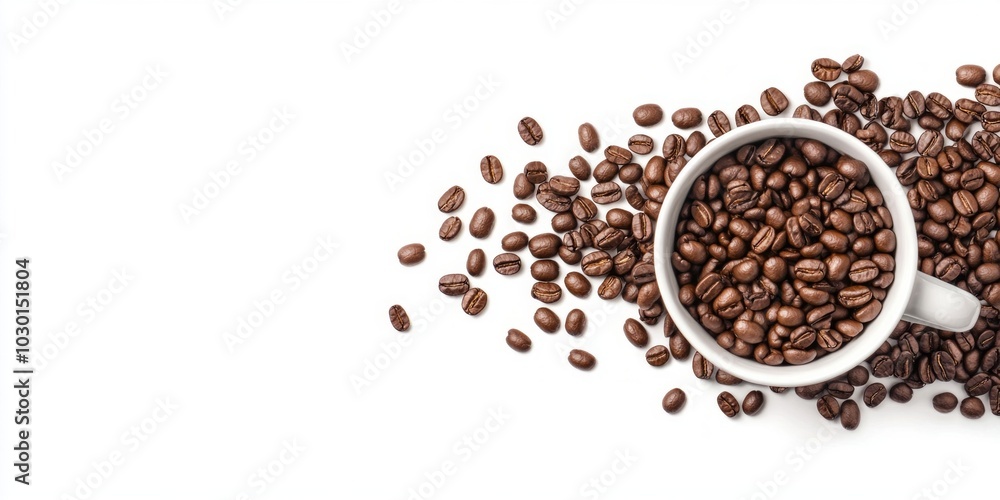 A white cup filled with roasted coffee beans on a bright background. The image captures the richness of coffee culture. Perfect for food blogs, cafes, or beverage promotions. AI A white cup filled with roasted coffee beans on a bright background. The image captures the richness of coffee culture. Perfect for food blogs, cafes, or beverage promotions. AI
