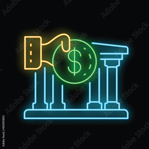 Neon icon illustration of a hand holding coin putting in bank building facade on black background