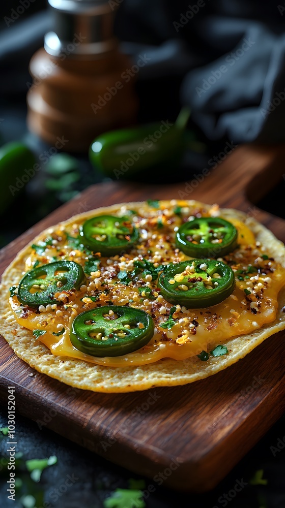 A delicious cheese and jalape?o topped tortilla on a wooden board, garnished with herbs. A delicious cheese and jalape?o topped tortilla on a wooden board, garnished with herbs.