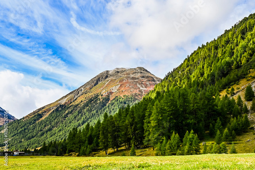 Livigno, Forcola di Livigno, Passo Forcola, Passstrasse,  Bergpass, Alpen, Monte Vago, Alpe Vago, Val di Livigno, Dorf, Wanderweg,  Fluss, Spöl, Berninagruppe, Herbst, Herbstfarben, Zoll, Italien photo