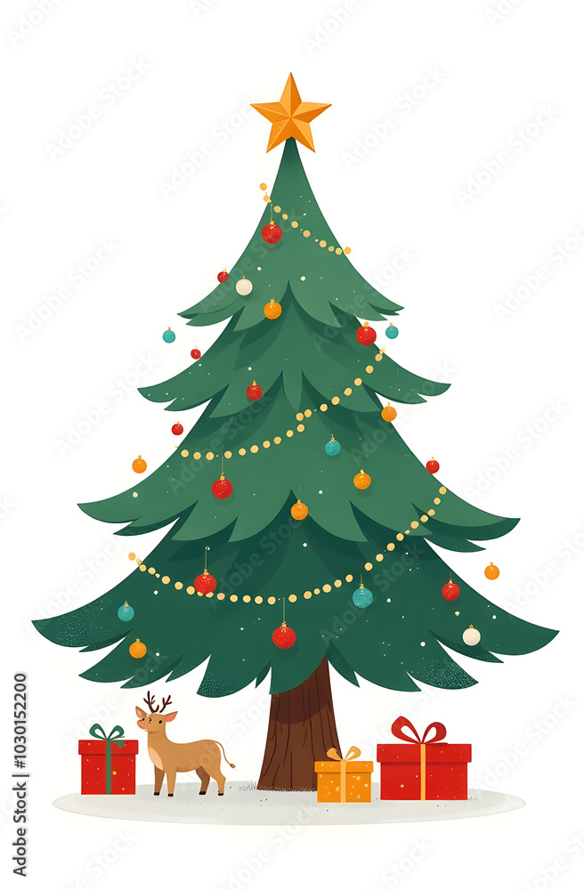 Fototapeta premium Christmas tree with gifts, white background, illustration style