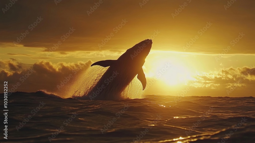 Fototapeta premium A majestic whale breaches the surface at sunset, creating a stunning silhouette against the vibrant sky and ocean landscape.