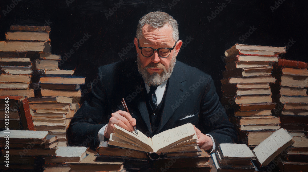 Male Librarian Restoring Old Book in Oil Painting Male Librarian Restoring Old Book in Oil Painting