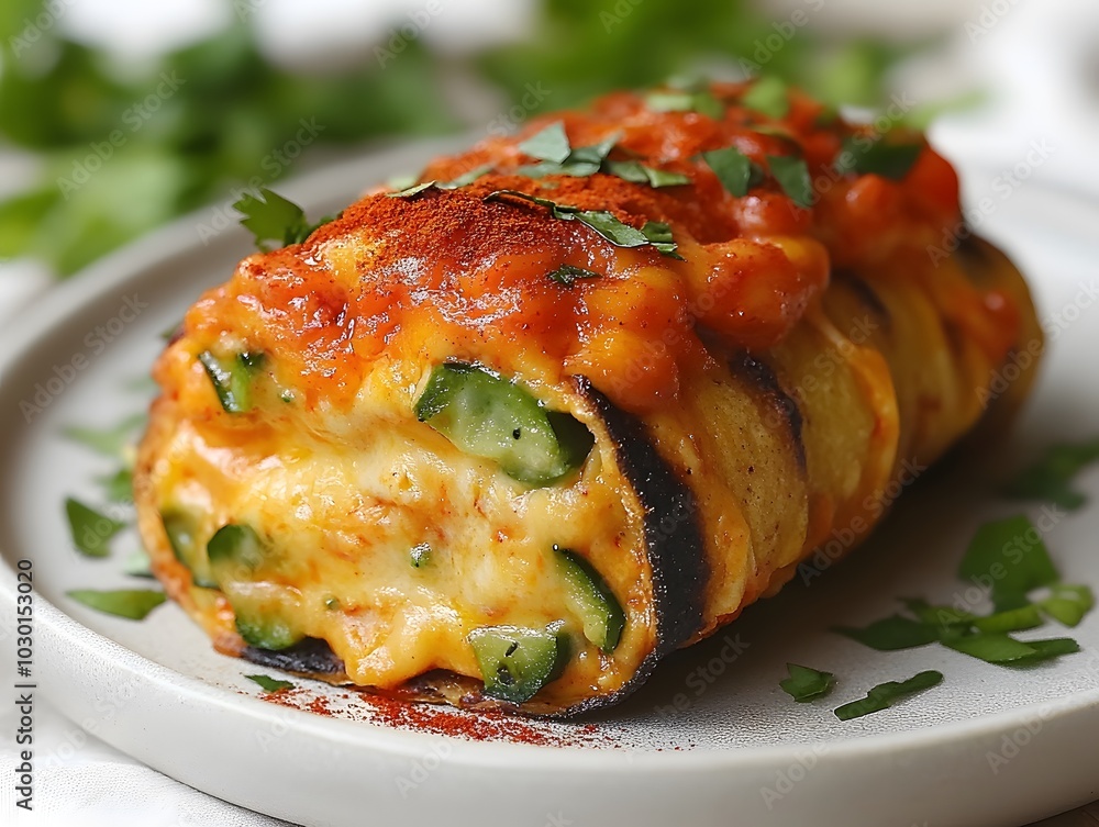 A delicious serving of enchiladas topped with sauce and garnished with herbs. A delicious serving of enchiladas topped with sauce and garnished with herbs.