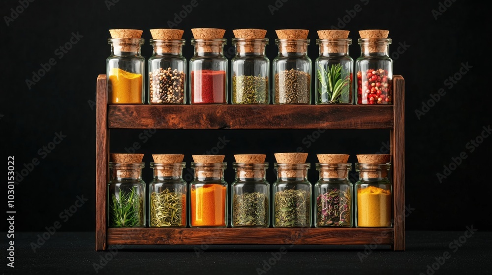Wooden Spice Rack with Glass Jars Against Black Background Wooden Spice Rack with Glass Jars Against Black Background