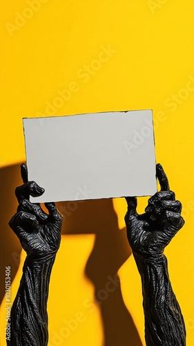 Horrorthemed image of black, gnarled hands holding a blank sign against a bold yellow background, creating a suspenseful and spooky vibe photo