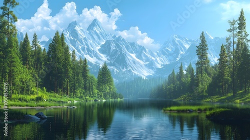 Serenity in nature a majestic landscape of mountains forests and tranquil waters under a clear blue sky
