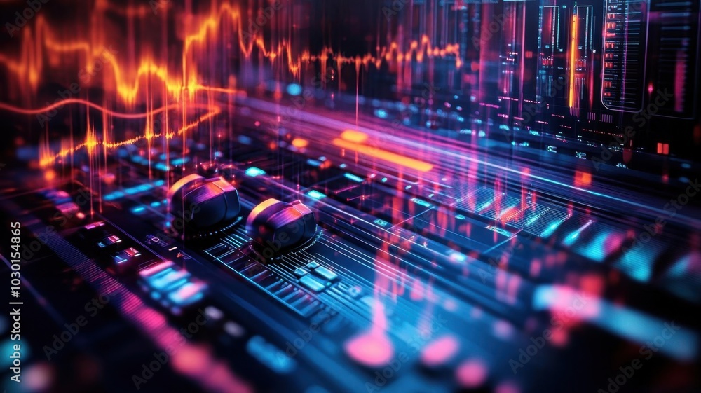 Dynamic illustration of sound waves and digital audio equipment in motion, Podcast Visualization, Tech Art Dynamic illustration of sound waves and digital audio equipment in motion, Podcast Visualization, Tech Art