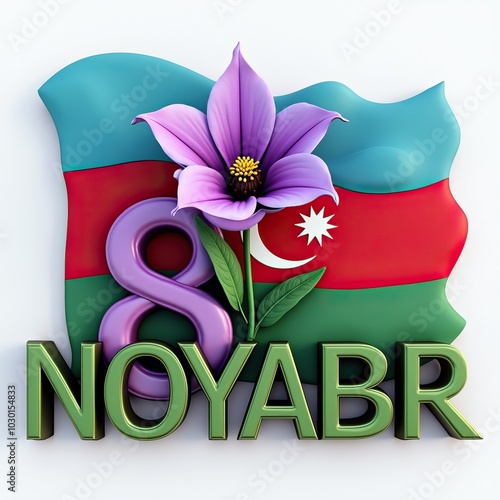 Azerbaijan flag and Ophrys oestrifera plant photo