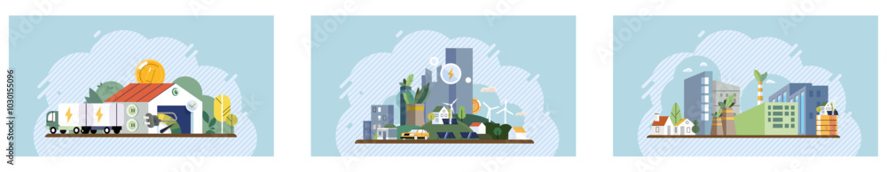 Obraz premium Sustainability concept. Agribusiness, urban sustainability, and renewable energy initiatives are central themes. Ideal for environmental awareness, green urban planning, sustainable agriculture