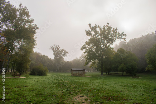 Bosque en un día con niebla en otoño con mesa comedor de picnic de Burgos, España