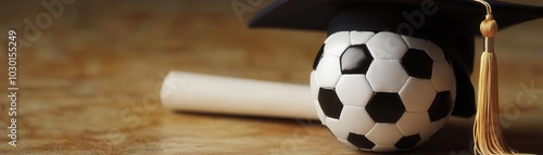 Soccer ball beside a graduation cap, symbolizing a sports management degree