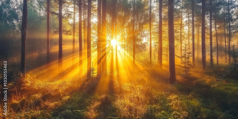Obraz premium The warm sunshine of the early morning in the forest