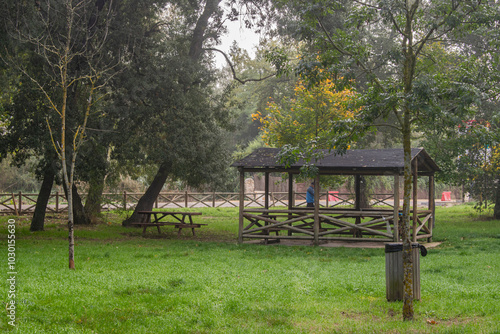 Bosque en un día con niebla en otoño con mesa comedor de picnic de Burgos, España