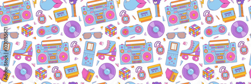 Seamless pattern colorful elements 80s 90s. Bubble gum, roller skates, joystick and cassette. Vector background, print, wallpaper