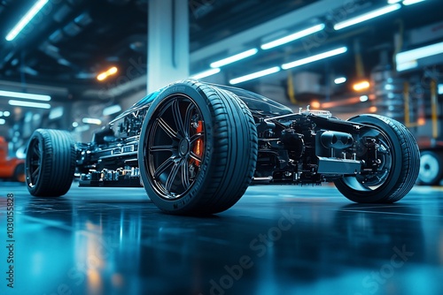 Rear view of a sleek black race car chassis with blue lighting in a garage.