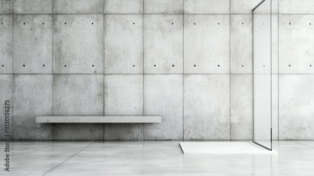 A modern, minimalist bathroom with sleek concrete walls, a floating vanity, and an open shower concept surrounded by glass partitions A modern, minimalist bathroom with sleek concrete walls, a floating vanity, and an open shower concept surrounded by glass partitions