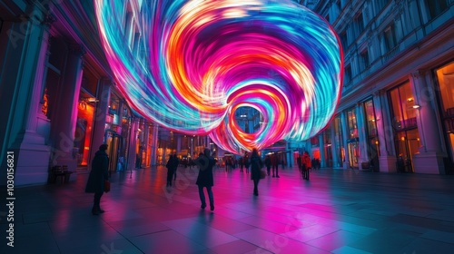 Colorful light swirl in lively urban setting with people enjoying the vibrant display around them at night.