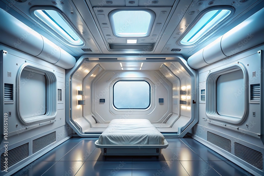 Minimalist futuristic design floating sleep pods in zero gravity Minimalist futuristic design floating sleep pods in zero gravity