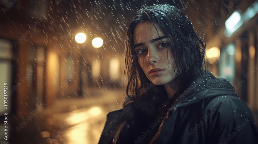 A woman stands alone in the rain on a dimly lit street at night, reflecting deep emotions and a sense of solitude. A woman stands alone in the rain on a dimly lit street at night, reflecting deep emotions and a sense of solitude.