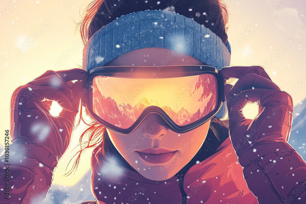 Close-up auf das Gesicht einer Frau mit Skibrille in der sich die Berge und die Sonne spiegeln als Illustration im Retro-Look Close-up auf das Gesicht einer Frau mit Skibrille in der sich die Berge und die Sonne spiegeln als Illustration im Retro-Look