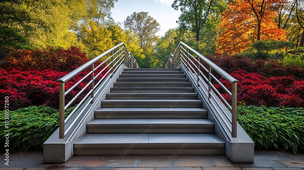 Stone steps leading up to a pathway through colorful autumn foliage. Stone steps leading up to a pathway through colorful autumn foliage.