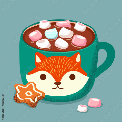 Mug of hot chocolate with fox with marshmallow and gingerbread on book. Festive Christmas sweets. Flat vector illustration