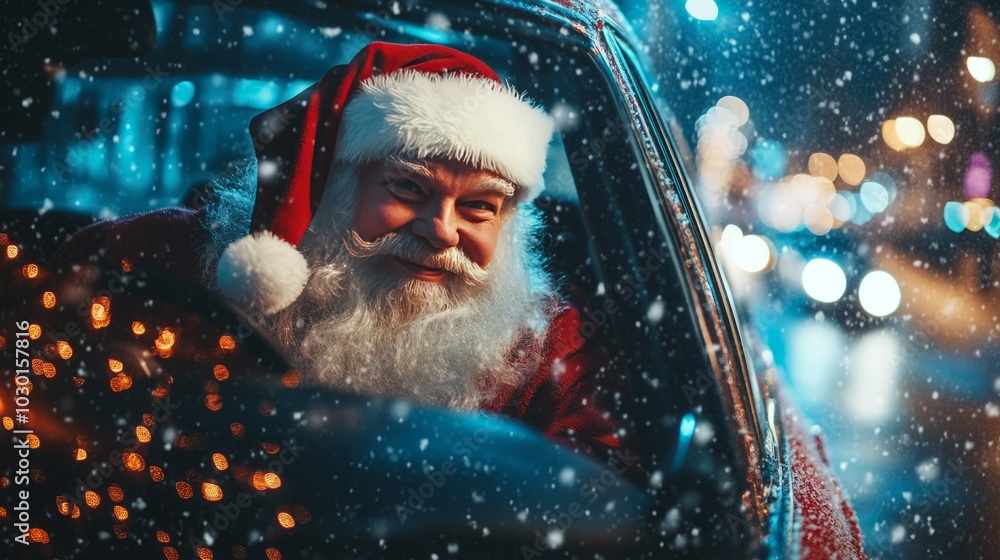 Santa Claus Driving Through a Snowy Winter Night in a Festive Car Santa Claus Driving Through a Snowy Winter Night in a Festive Car