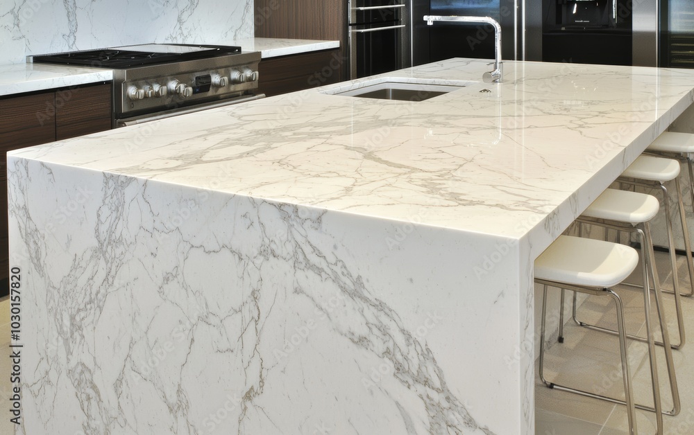 A stylish kitchen with white marble countertops, sleek stainless steel appliances, and a large island with bar stools for dining A stylish kitchen with white marble countertops, sleek stainless steel appliances, and a large island with bar stools for dining