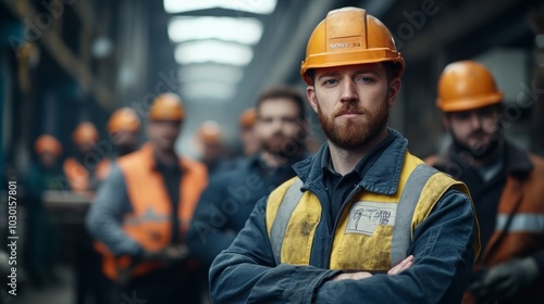 Confident workers in hard hats standing together in a well-lit factory hallway, showcasing teamwork and dedication in their roles.