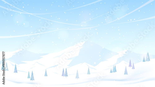 Winter landscapes. Snow-covered mountains and hills. Trees in snowdrifts. Frosty day, clear sky. Vector illustration for banner, background, greeting card, invitation.	
