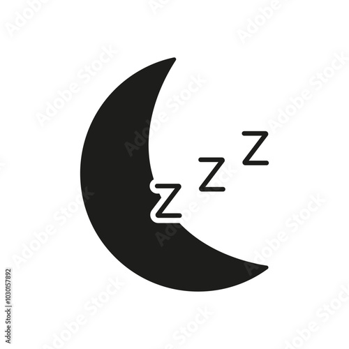 Sleep and Nighttime Rest Silhouette Icon. Crescent Moon with Zzz Symbols, Sleep and Relaxation Glyph Pictogram. Isolated Vector Illustration